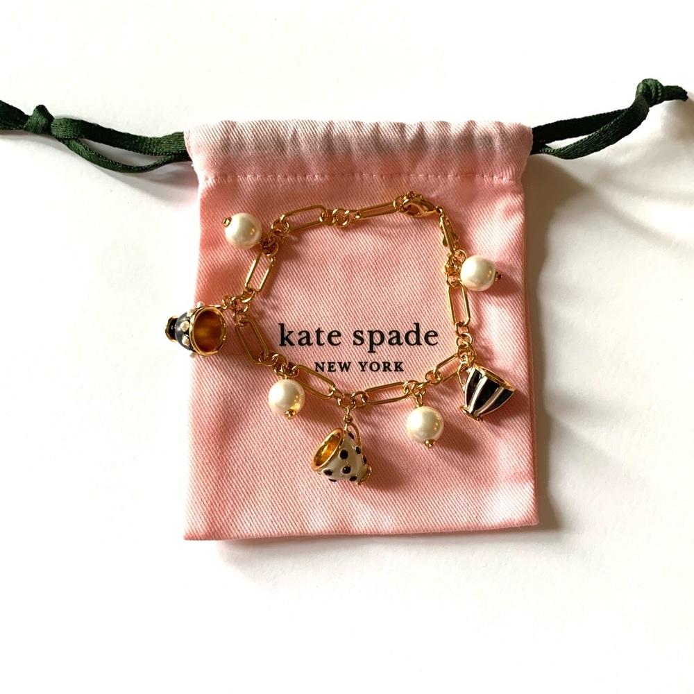 Kate Spade Alice in Wonderland Teacup Charm Bracelet Gold Women’s 8.5 inch Pearl